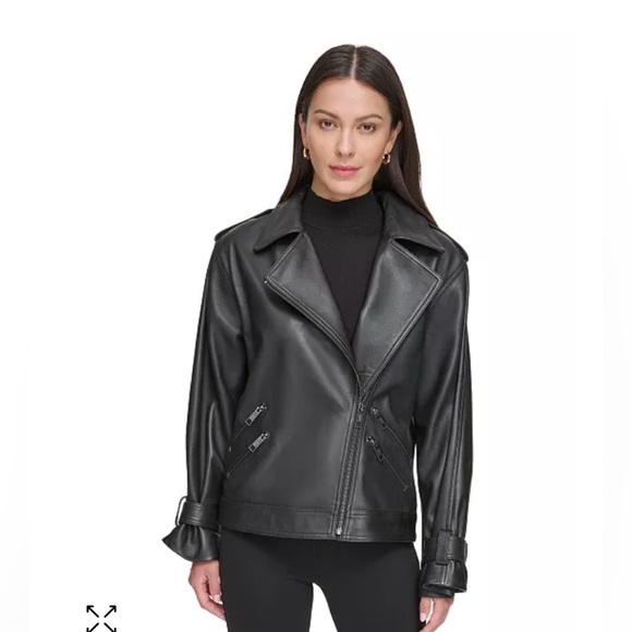 DKNYWomen's Leather Zippered-Pocket Moto Jacket Size M/L